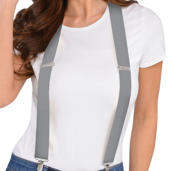 Accessories - Grey suspenders with silver hardware,Adjustable straps, Y-Back,Pant Clips,Unisex